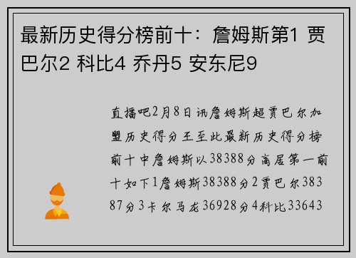 最新历史得分榜前十:詹姆斯第1 贾巴尔2 科比4 乔丹5 安东尼9 最新历史得分榜前十:詹姆斯第1 贾巴尔2 科比4 乔丹5 安东尼9